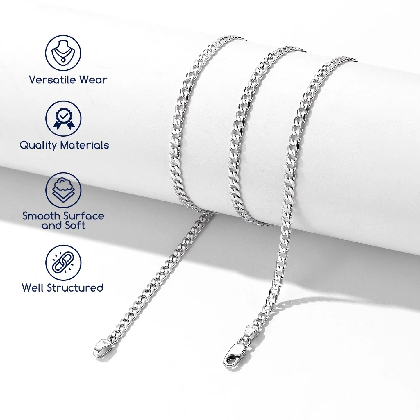 Solid 925 Sterling Silver Chain Necklace, 3Mm Flat Curb Cuban Link Chain for Men Women