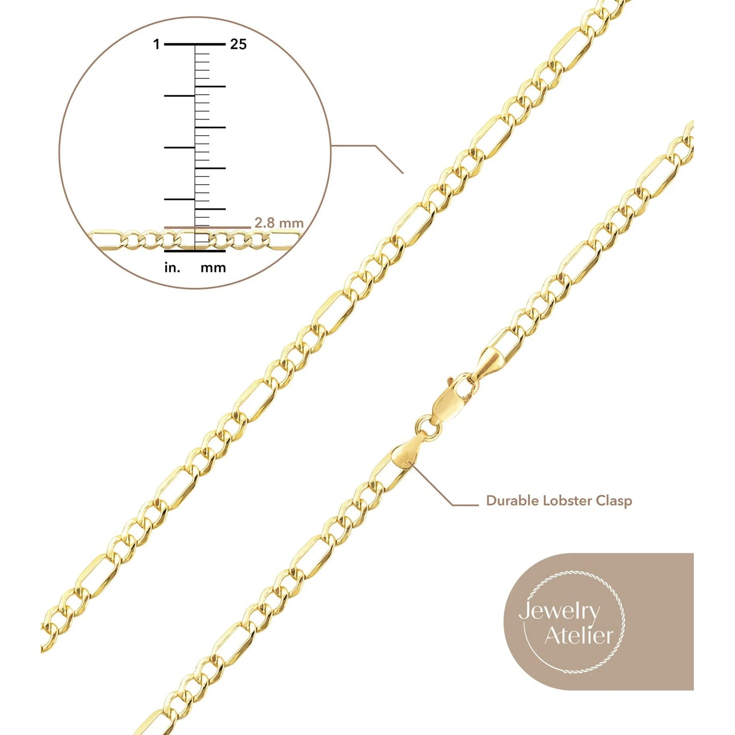 Gold Chain Necklace Collection - 14K Solid Yellow Gold Filled Figaro Chain Necklaces for Women and Men with Different Sizes (2.8Mm, 3.7Mm, 4.7Mm, 5.6Mm)